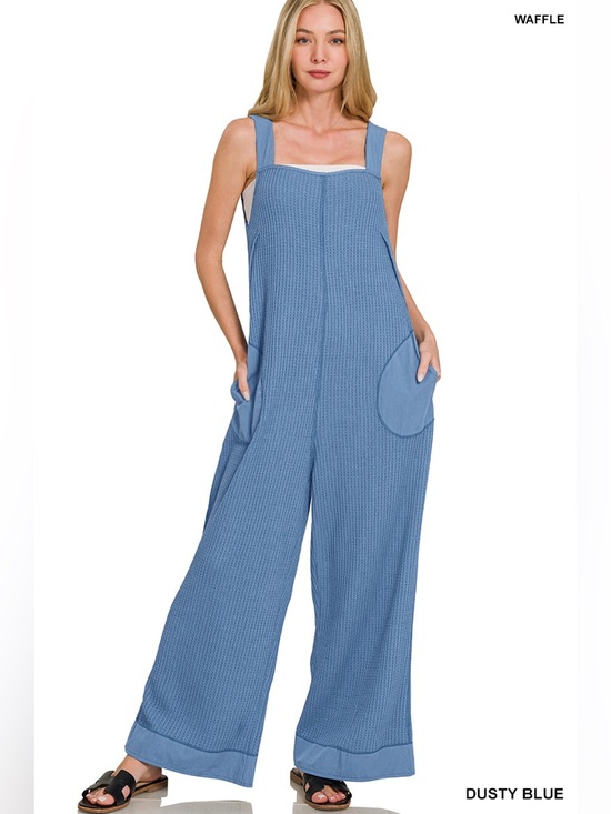 Zenana Outfitters Pants - Zenana Outfitters Dusty Blue Waffle Knit Wide-Leg Jumpsuit
